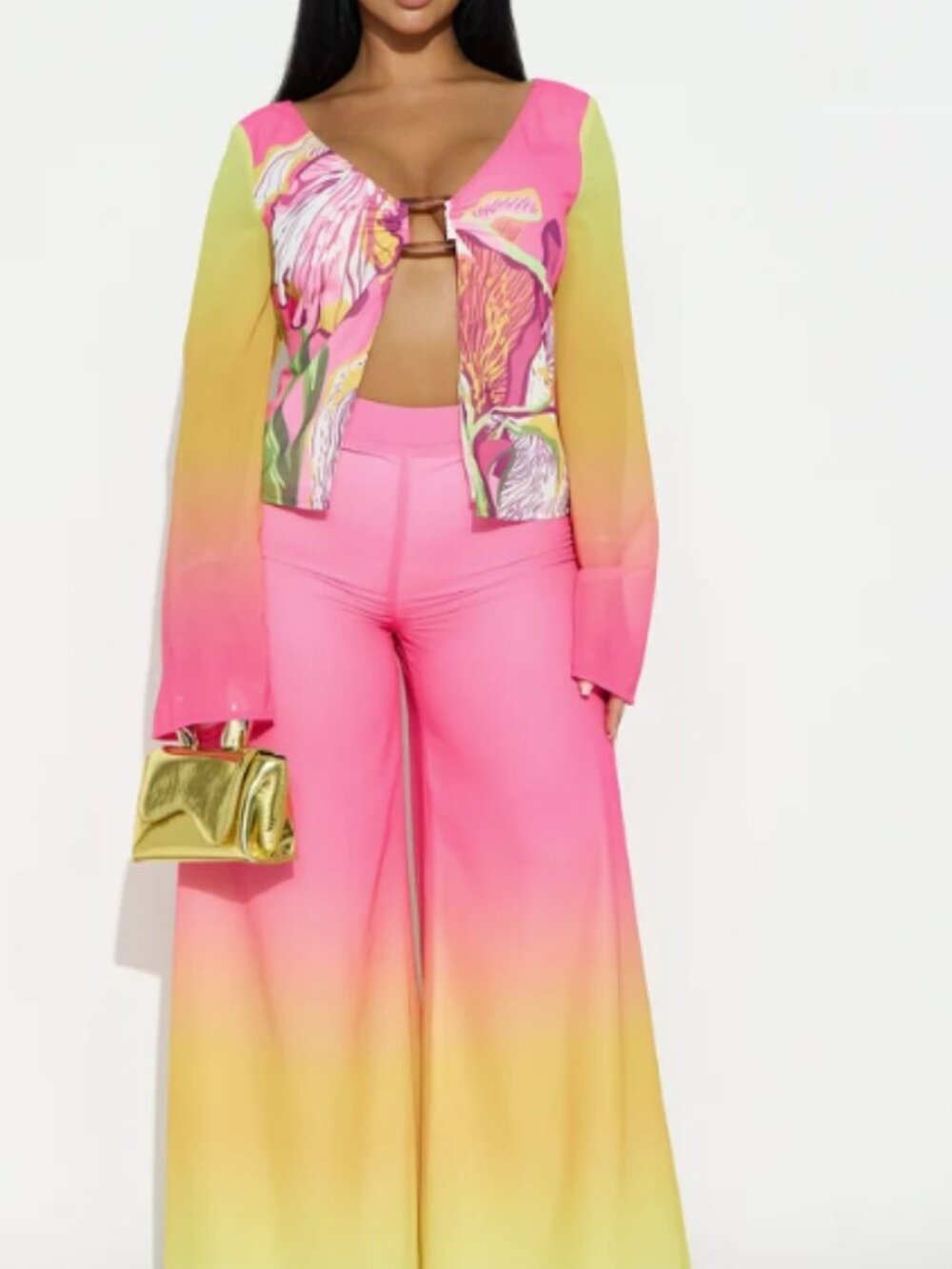Fashion Nova NWT Pink and Yellow Floral Sheer Open-Front Tunic and Pant Set